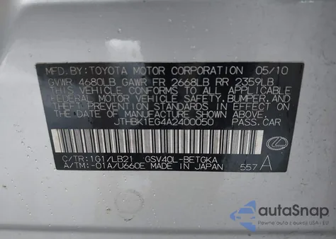 2010 Lexus Es 350 из США, поврежденный, VIN JTHBK1EG4A2400050